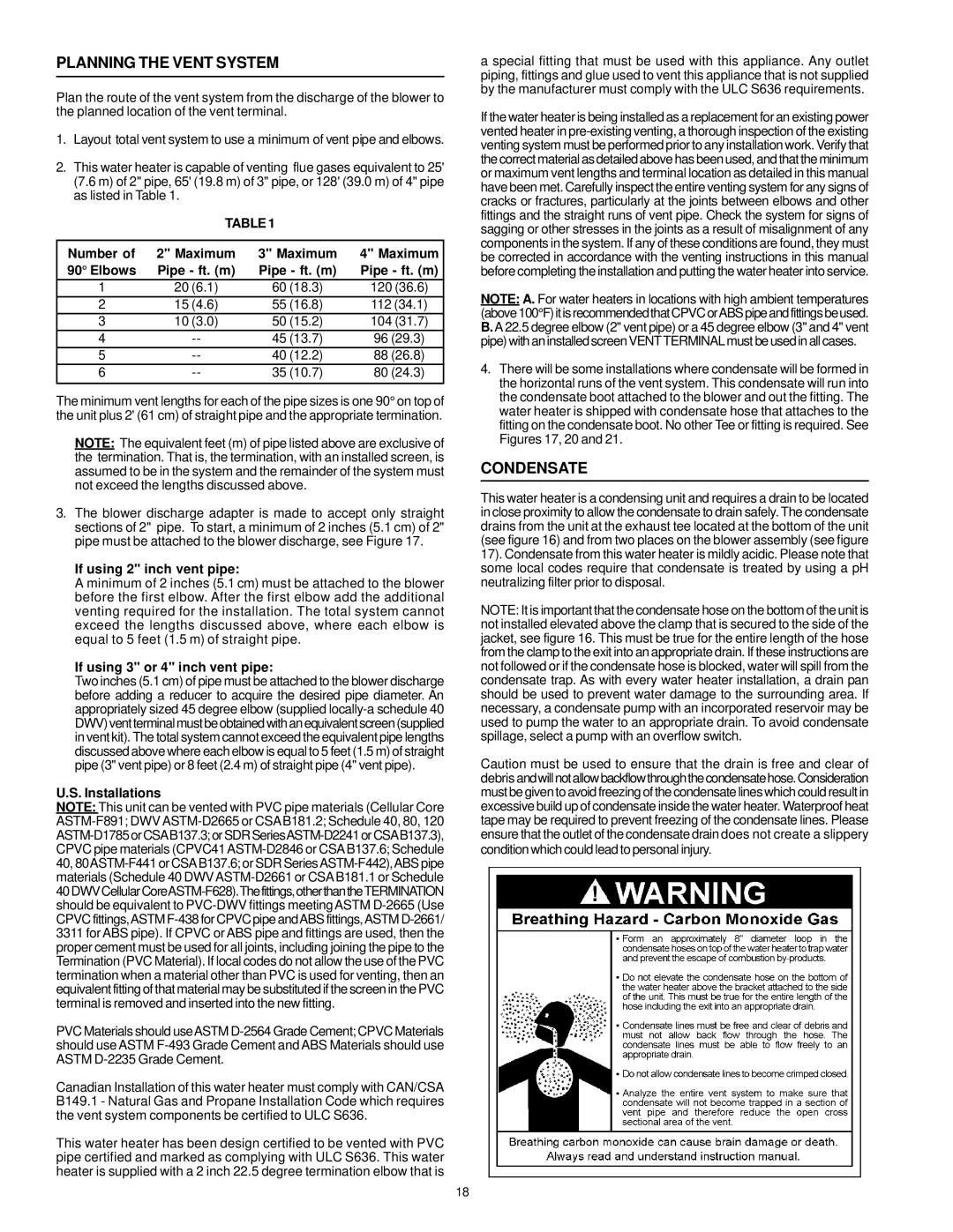 A.O. Smith W/HOT instruction manual Planning the Vent System, Condensate 