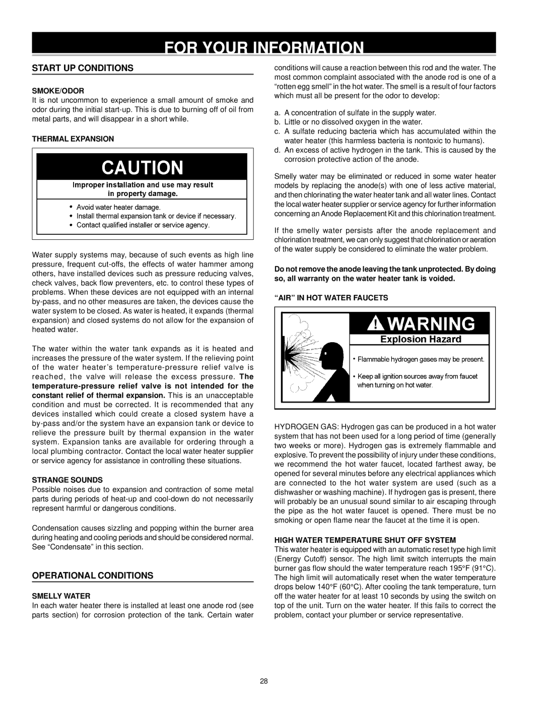 A.O. Smith W/HOT instruction manual For Your Information, Start UP Conditions, Operational Conditions 