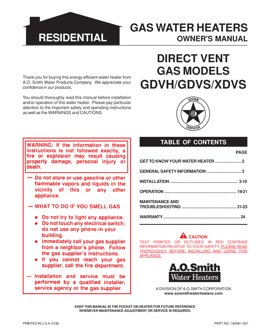 A.O. Smith GDVS, XDVS, GDVH owner manual Direct Vent GAS Models 