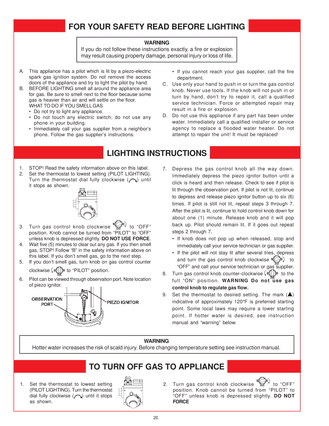 A.O. Smith GDVH, XDVS, GDVS owner manual For Your Safety Read Before Lighting, Force 