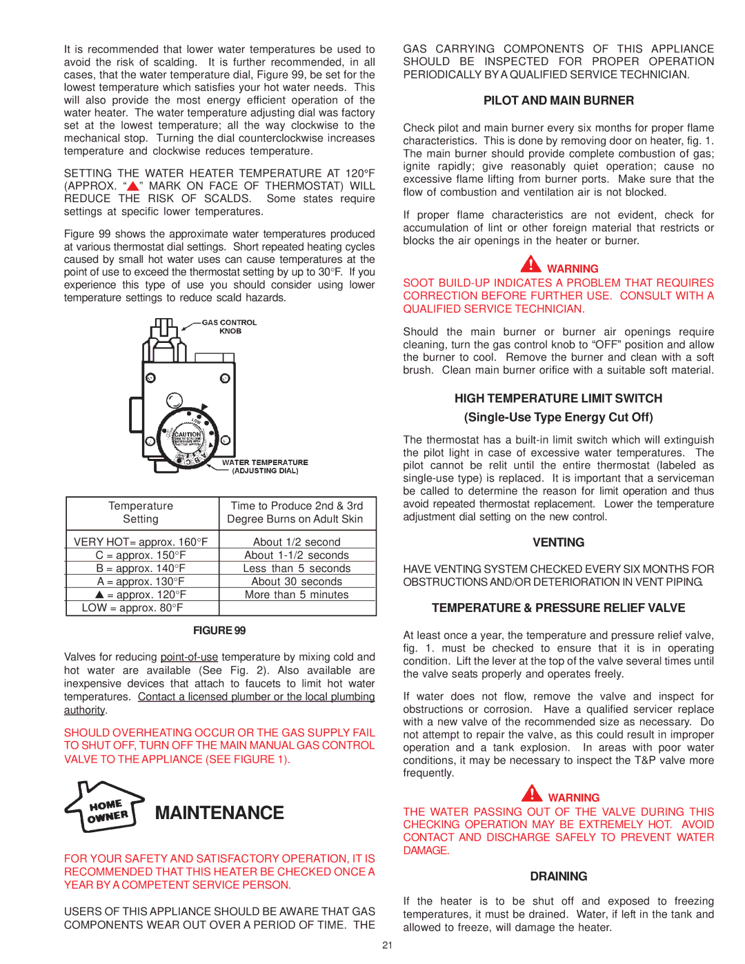 A.O. Smith XDVS, GDVS, GDVH owner manual Pilot and Main Burner, Temperature & Pressure Relief Valve, Draining 