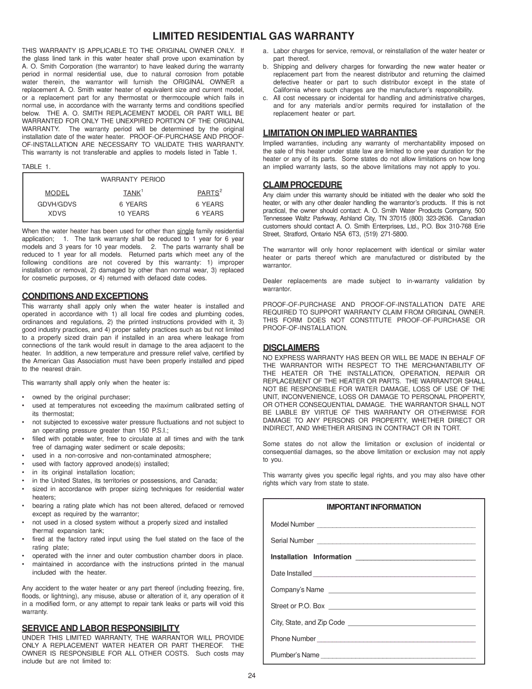 A.O. Smith XDVS Conditions and Exceptions, Service and Labor Responsibility, Limitation on Implied Warranties, Disclaimers 