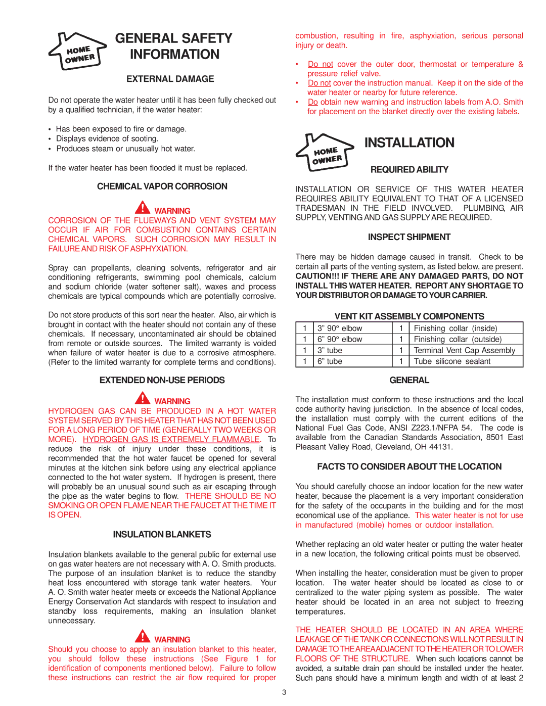 A.O. Smith XDVS External Damage, Chemical Vapor Corrosion, Extended NON-USE Periods, Insulation Blankets, Required Ability 