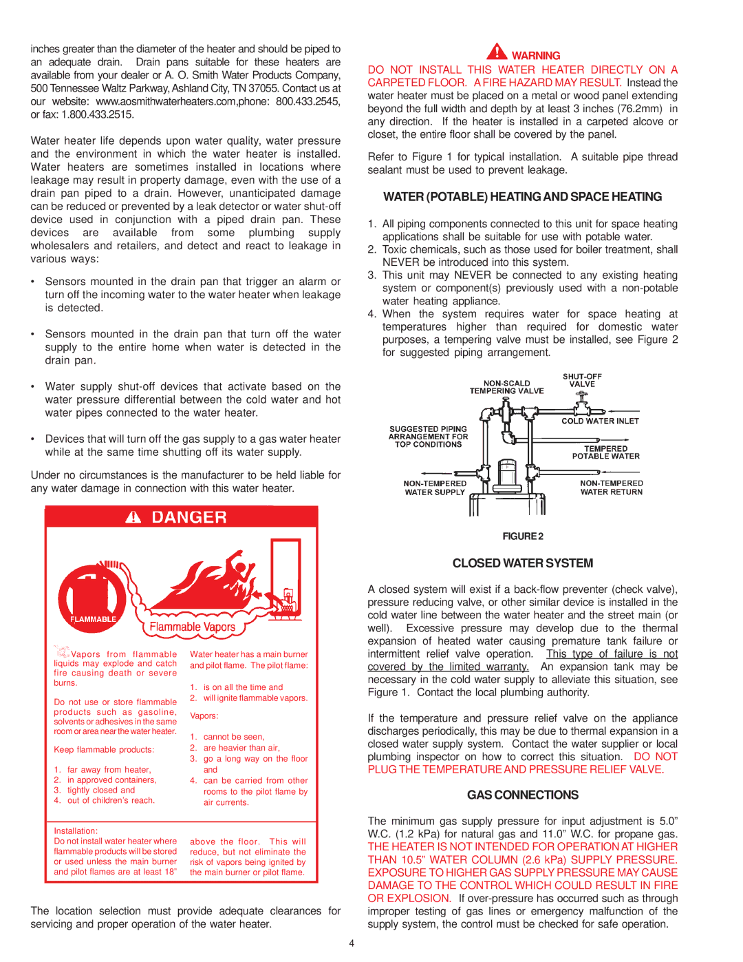 A.O. Smith GDVS, XDVS, GDVH owner manual Water Potable Heating and Space Heating, Closed Water System, GAS Connections 