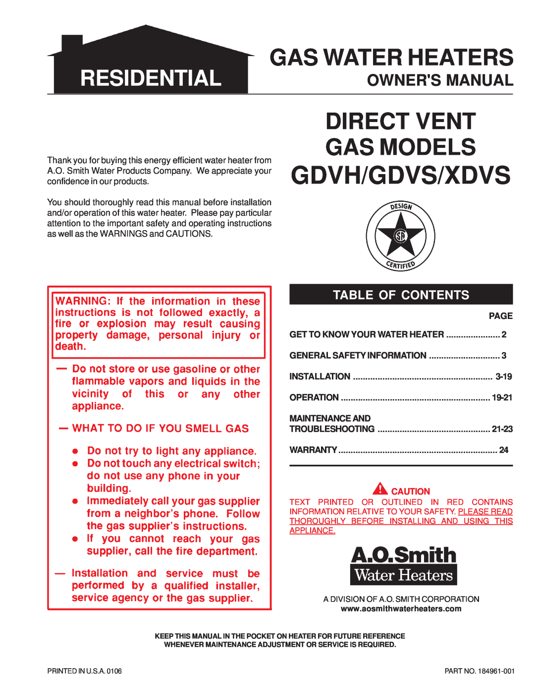 A.O. Smith GDVS owner manual Owners Manual, Page, 3-19, 19-21, Maintenance And, 21-23, Direct Vent Gas Models, Residential 