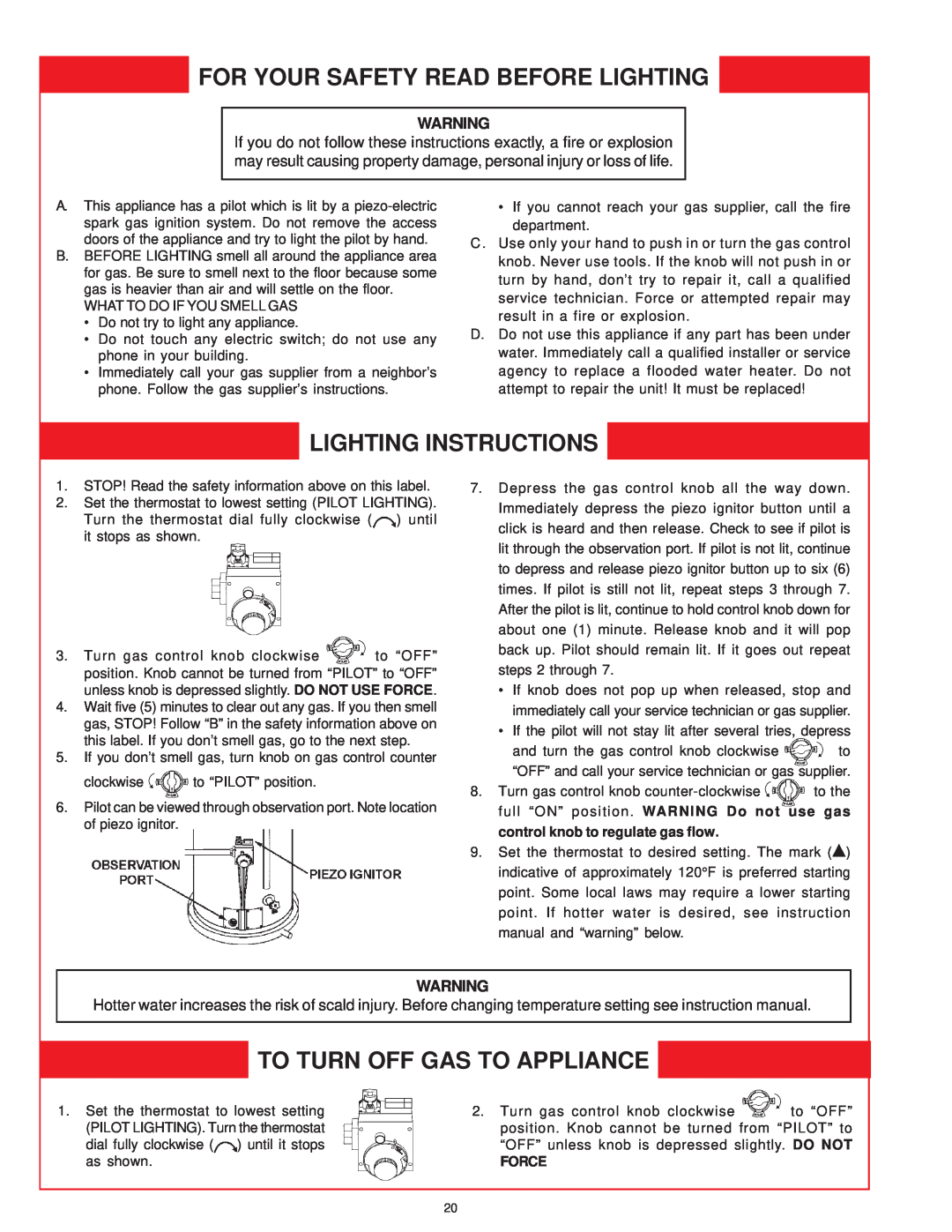 A.O. Smith GDVH, XDVS For Your Safety Read Before Lighting, Lighting Instructions, To Turn Off Gas To Appliance, Force 