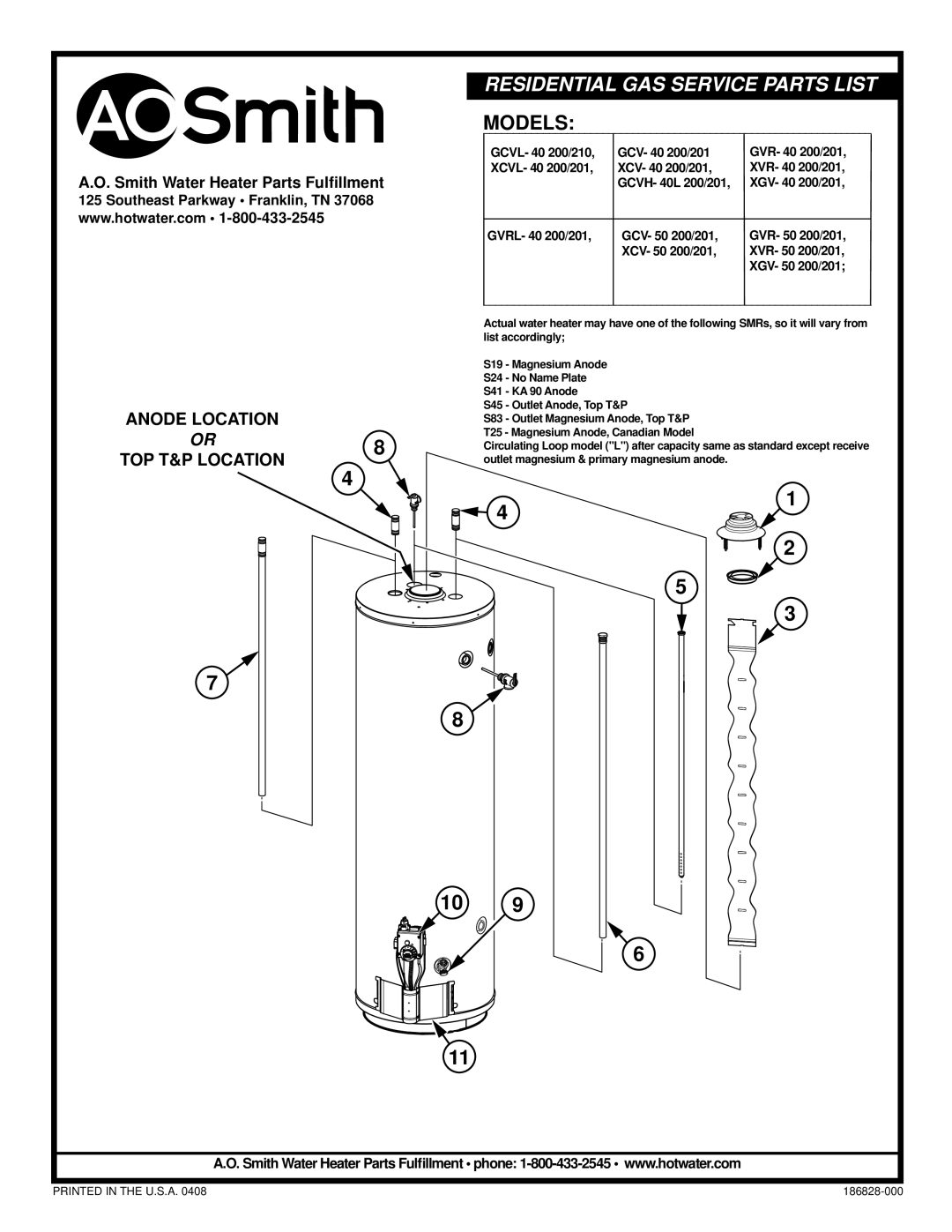 A.O. Smith XCVL-40 200/201, XVR-40 200/201, XVR-50 200/201, XGV-40 200/201 manual Residential GAS Service Parts List 