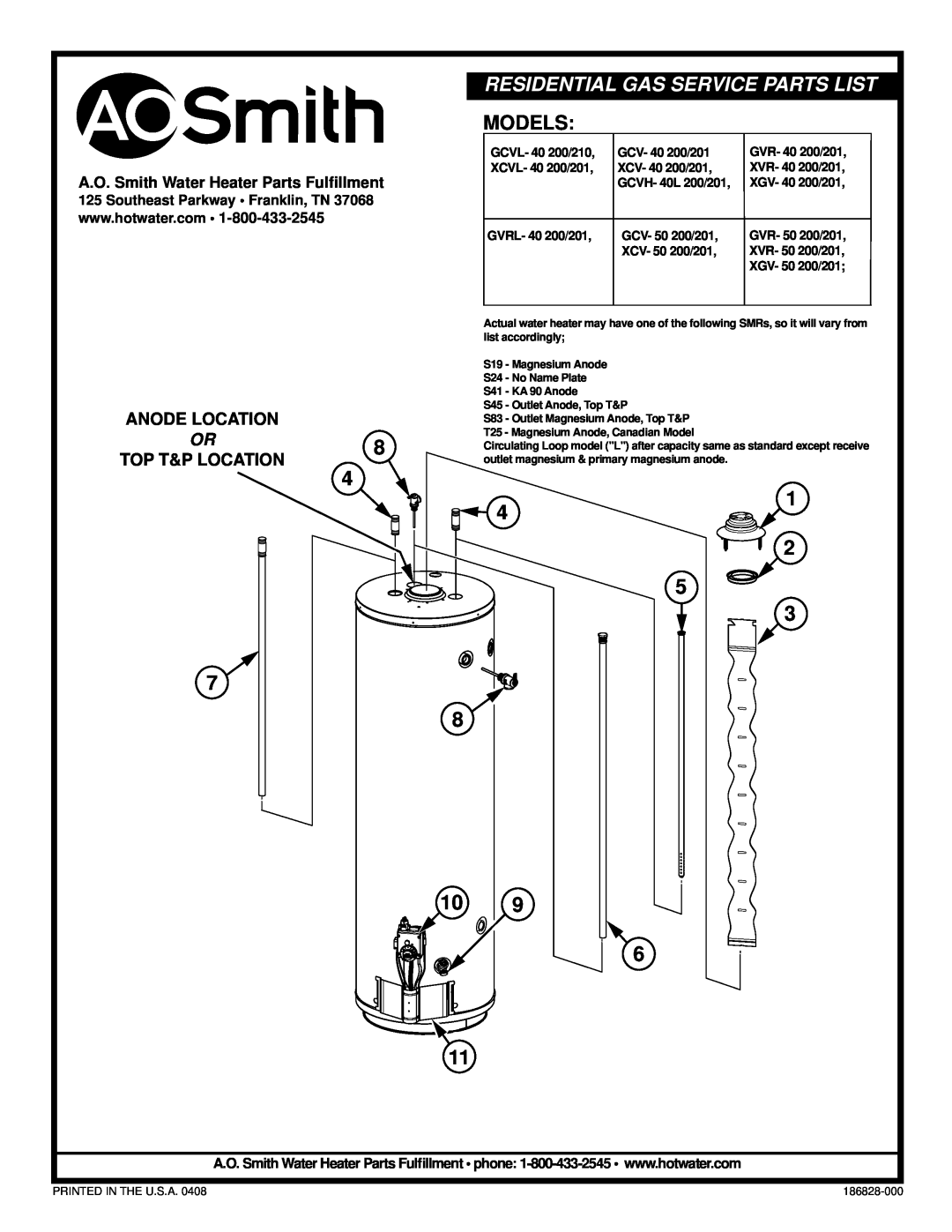 A.O. Smith XCVL-40 200/201, XVR-40 200/201 manual Residential Gas Service Parts List, ANODE LOCATION OR8 TOP T&P LOCATION 