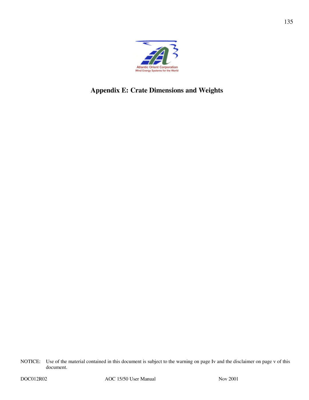 AOC 15 user manual Appendix E Crate Dimensions and Weights 