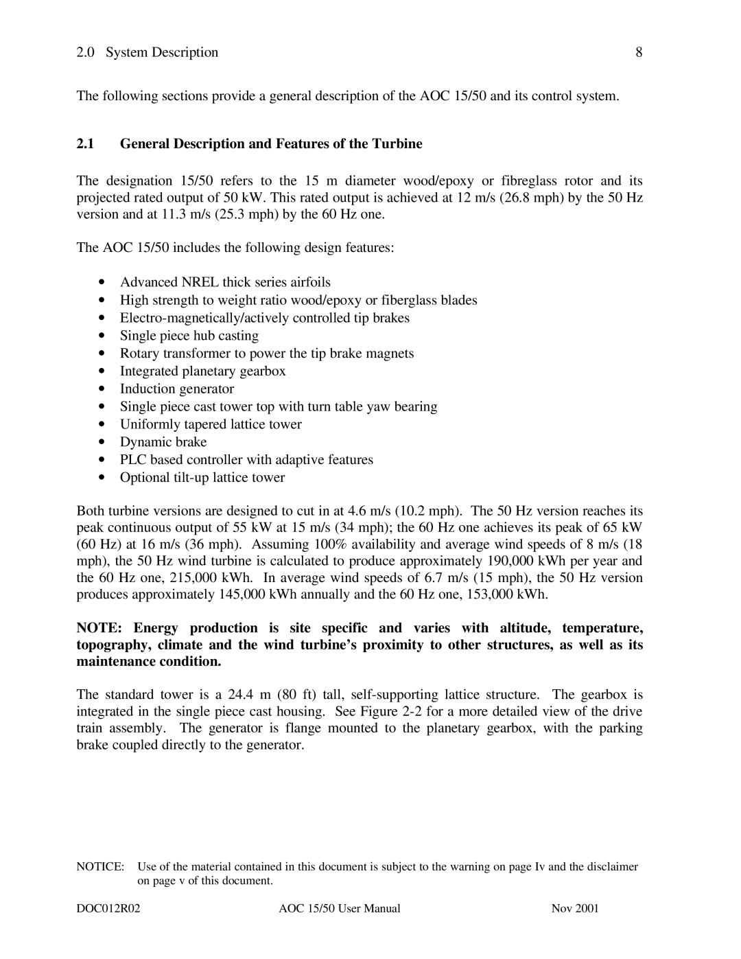 AOC 15 user manual General Description and Features of the Turbine 