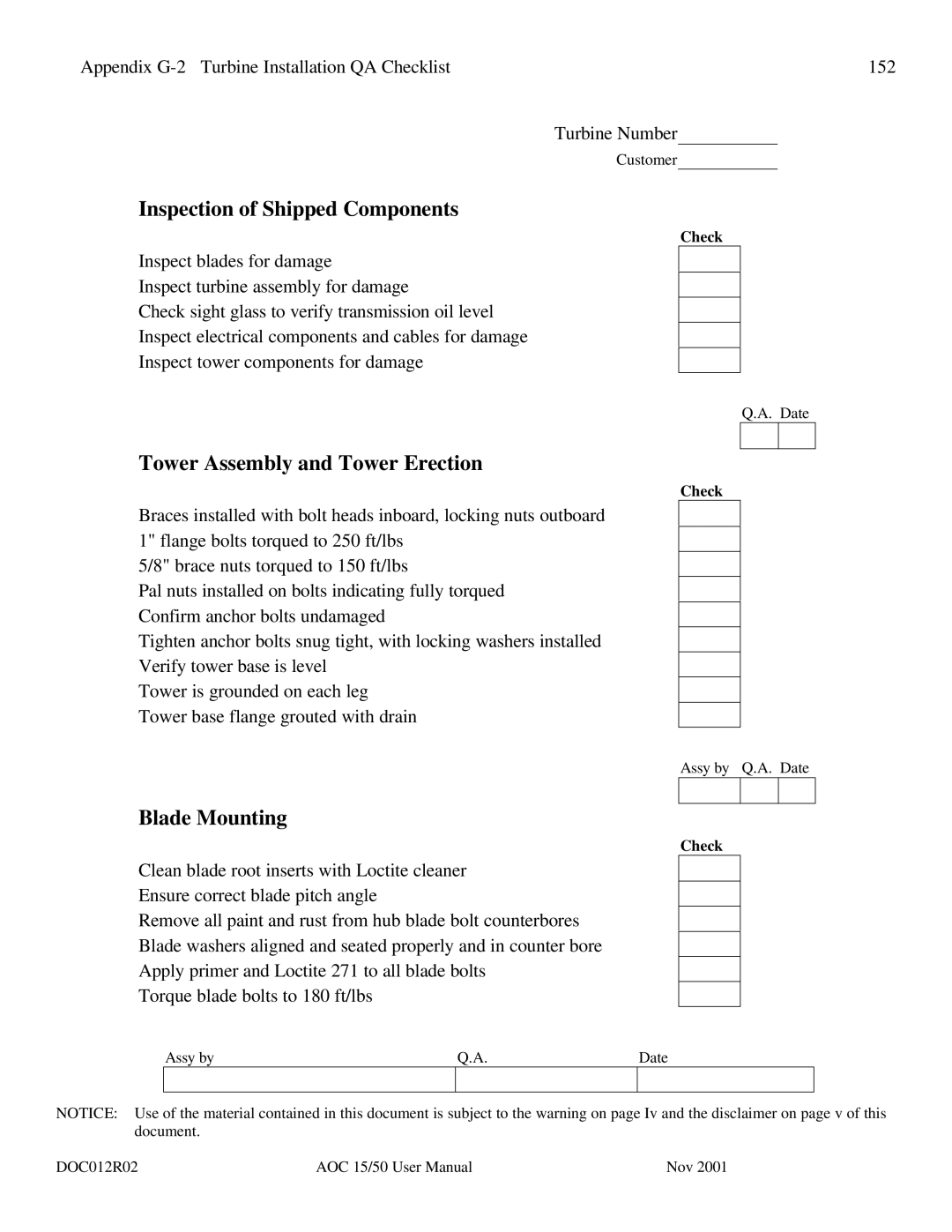 AOC 15 user manual Inspection of Shipped Components, Tower Assembly and Tower Erection, Blade Mounting 