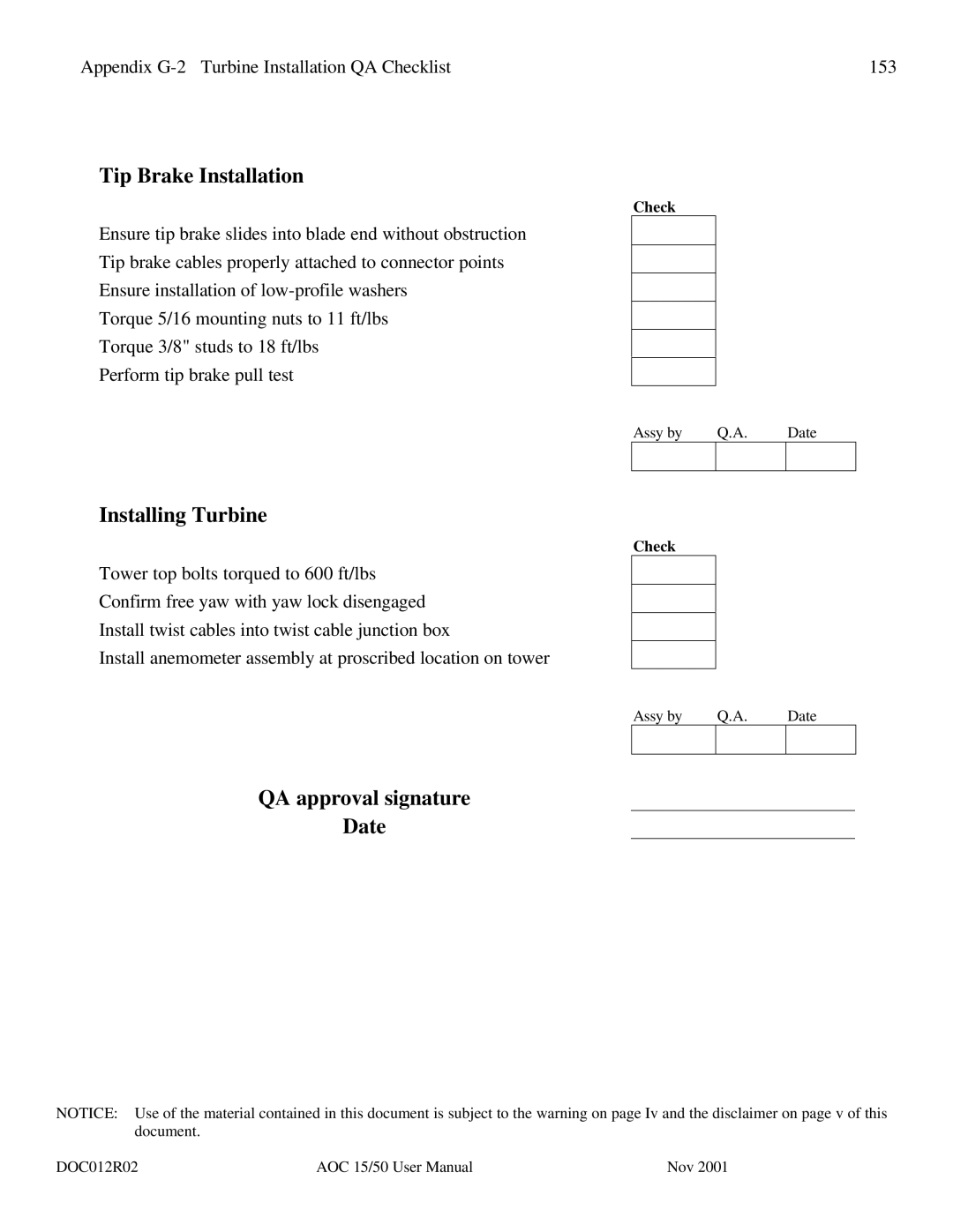 AOC 15 user manual Tip Brake Installation, Installing Turbine, QA approval signature Date 