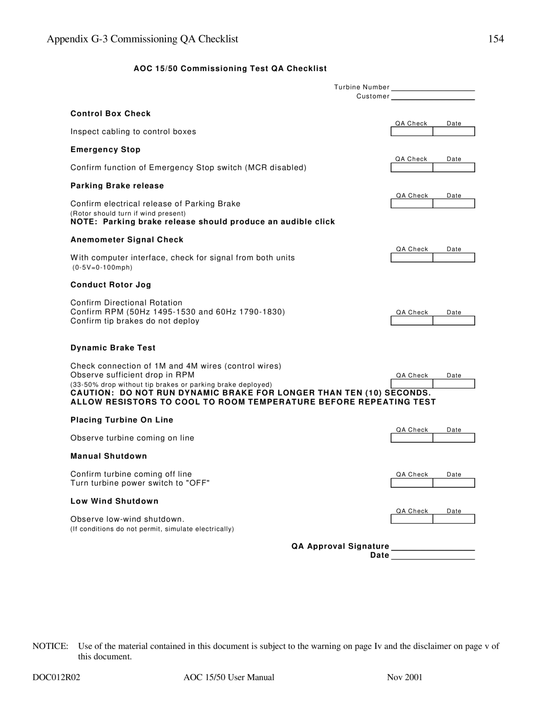 AOC user manual Appendix G-3 Commissioning QA Checklist 154 