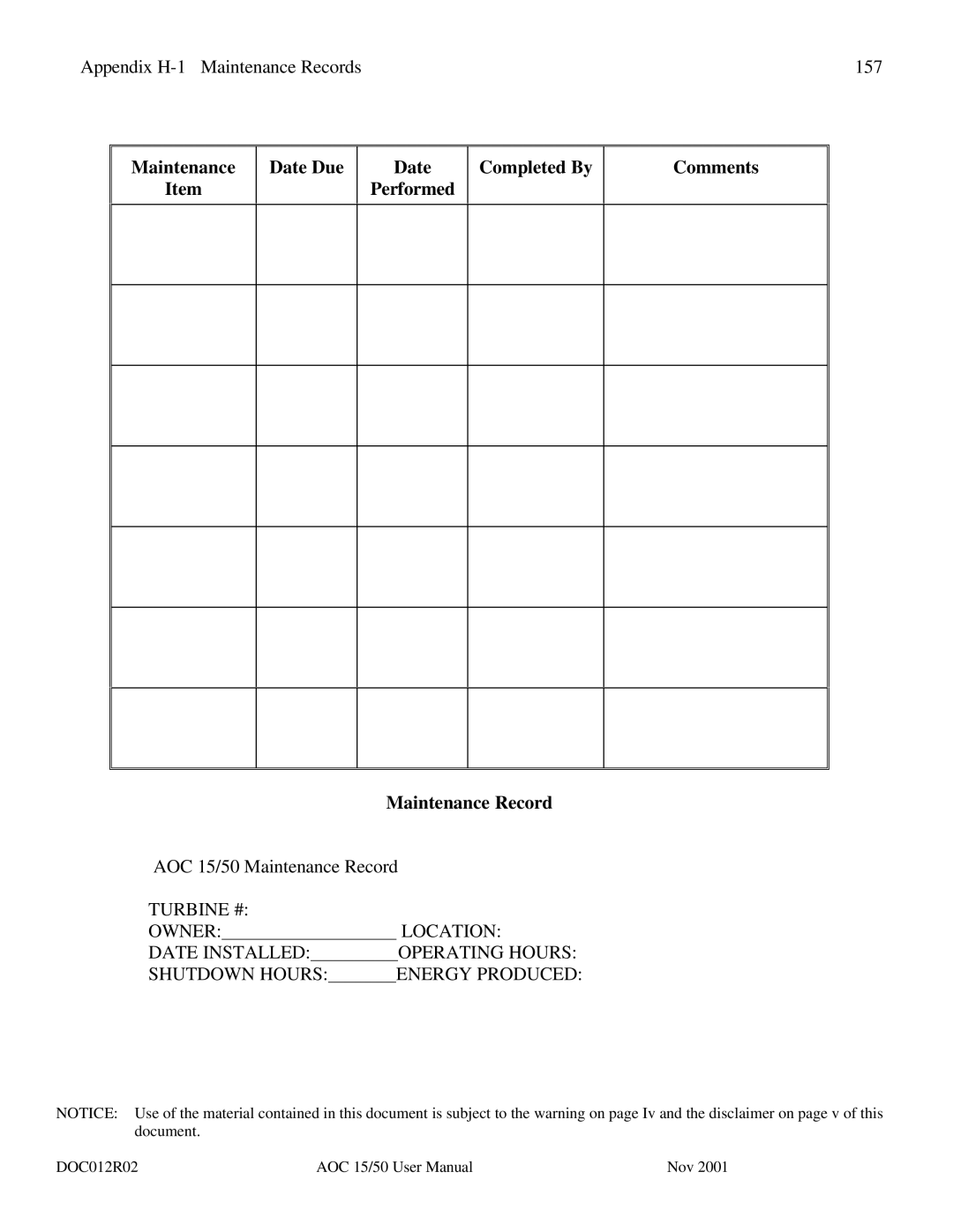 AOC user manual Appendix H-1 Maintenance Records 157 