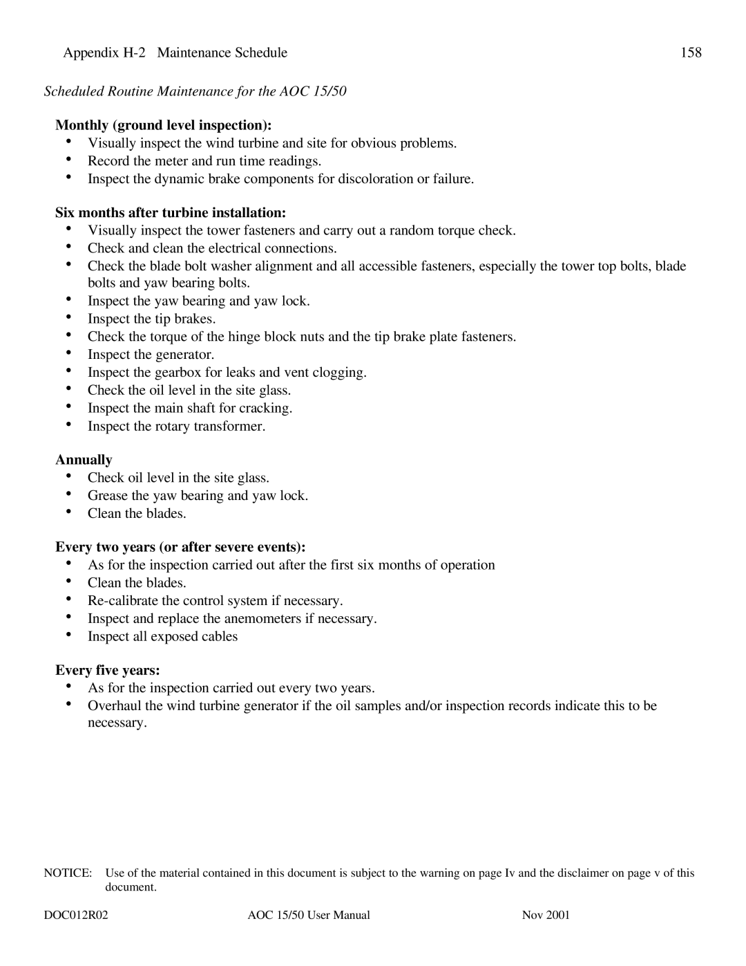 AOC 15 user manual Monthly ground level inspection, Six months after turbine installation, Annually, Every five years 