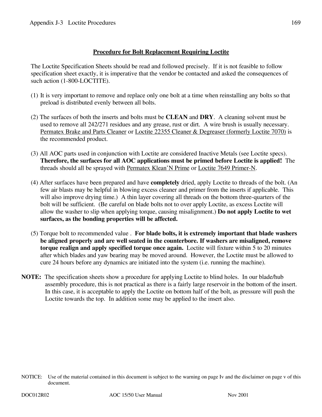 AOC 15 user manual Procedure for Bolt Replacement Requiring Loctite 