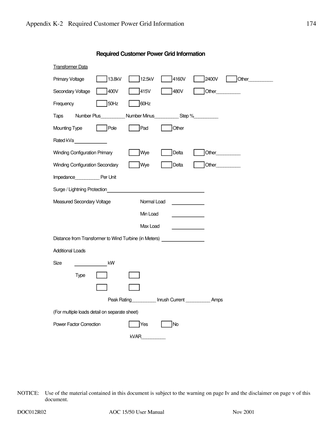 AOC 15 user manual Appendix K-2 Required Customer Power Grid Information 174 