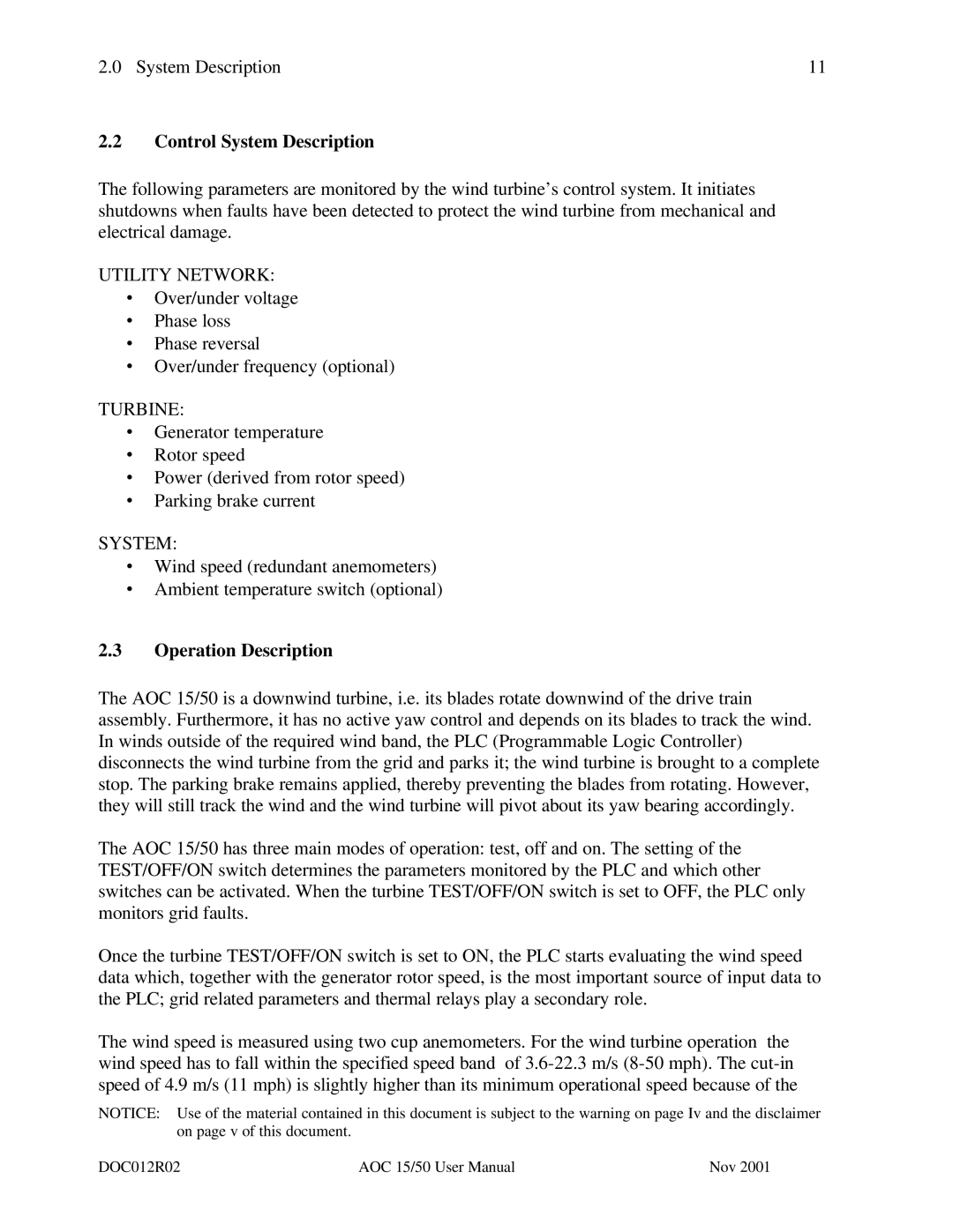 AOC 15 user manual Control System Description, Operation Description 