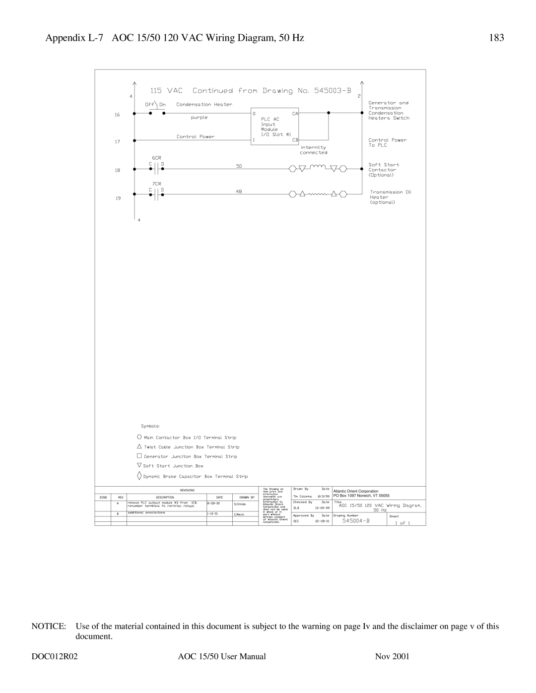 AOC user manual Appendix L-7 AOC 15/50 120 VAC Wiring Diagram, 50 Hz 183 