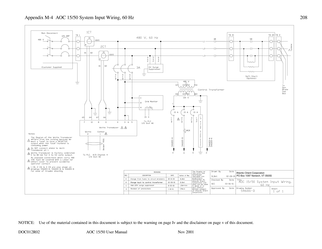 AOC user manual Appendix M-4 AOC 15/50 System Input Wiring, 60 Hz 208 