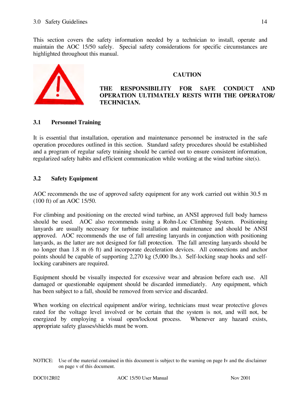 AOC 15 user manual Personnel Training, Safety Equipment 