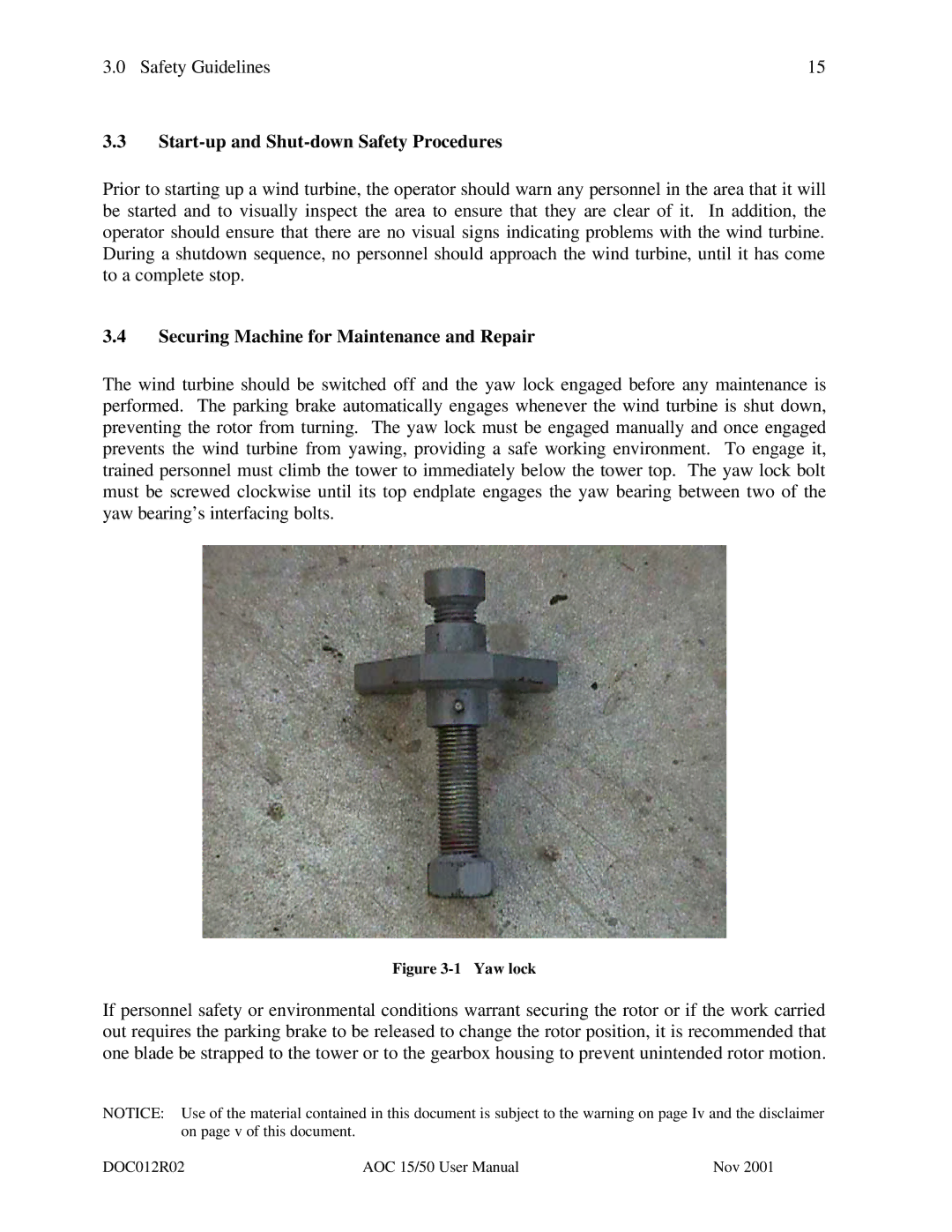 AOC 15 user manual Start-up and Shut-down Safety Procedures, Securing Machine for Maintenance and Repair 