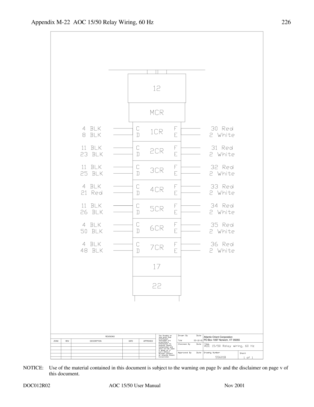 AOC user manual Appendix M-22 AOC 15/50 Relay Wiring, 60 Hz 226 