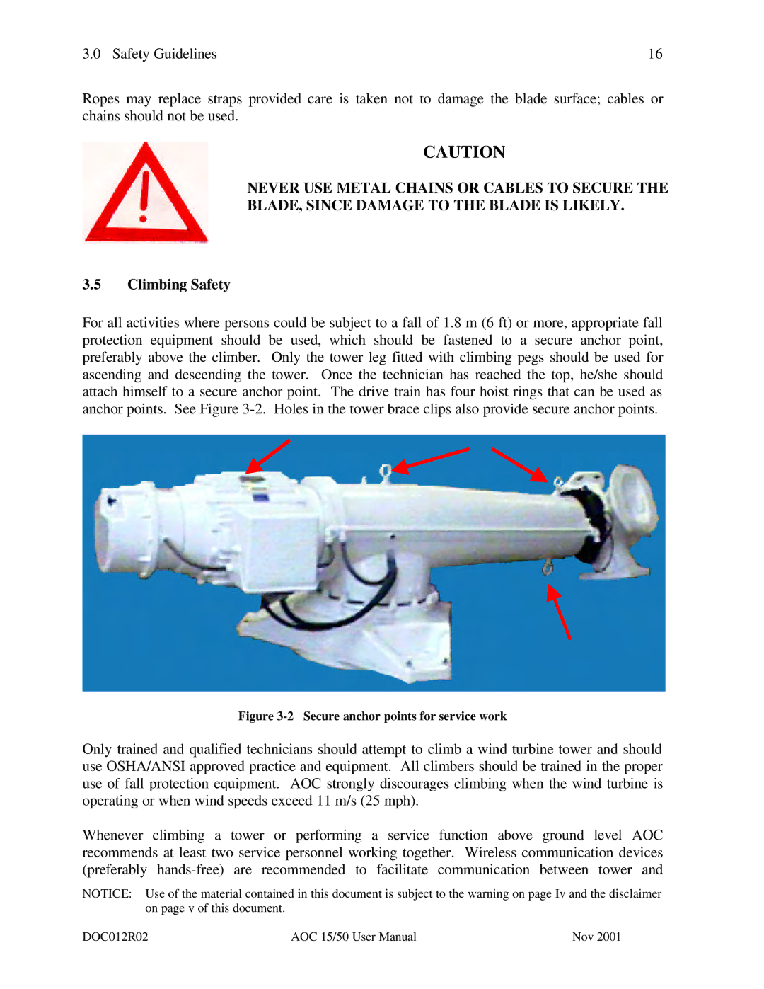 AOC 15 user manual Climbing Safety, Secure anchor points for service work 