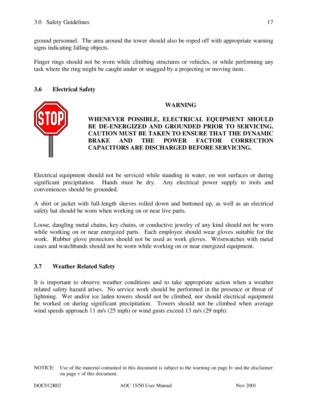 AOC 15 user manual Electrical Safety, Weather Related Safety 