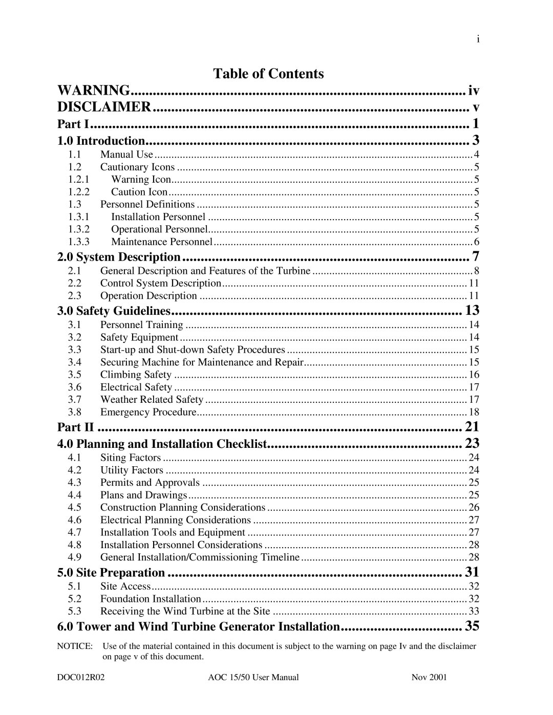 AOC 15 user manual Disclaimer, Tower and Wind Turbine Generator Installation 