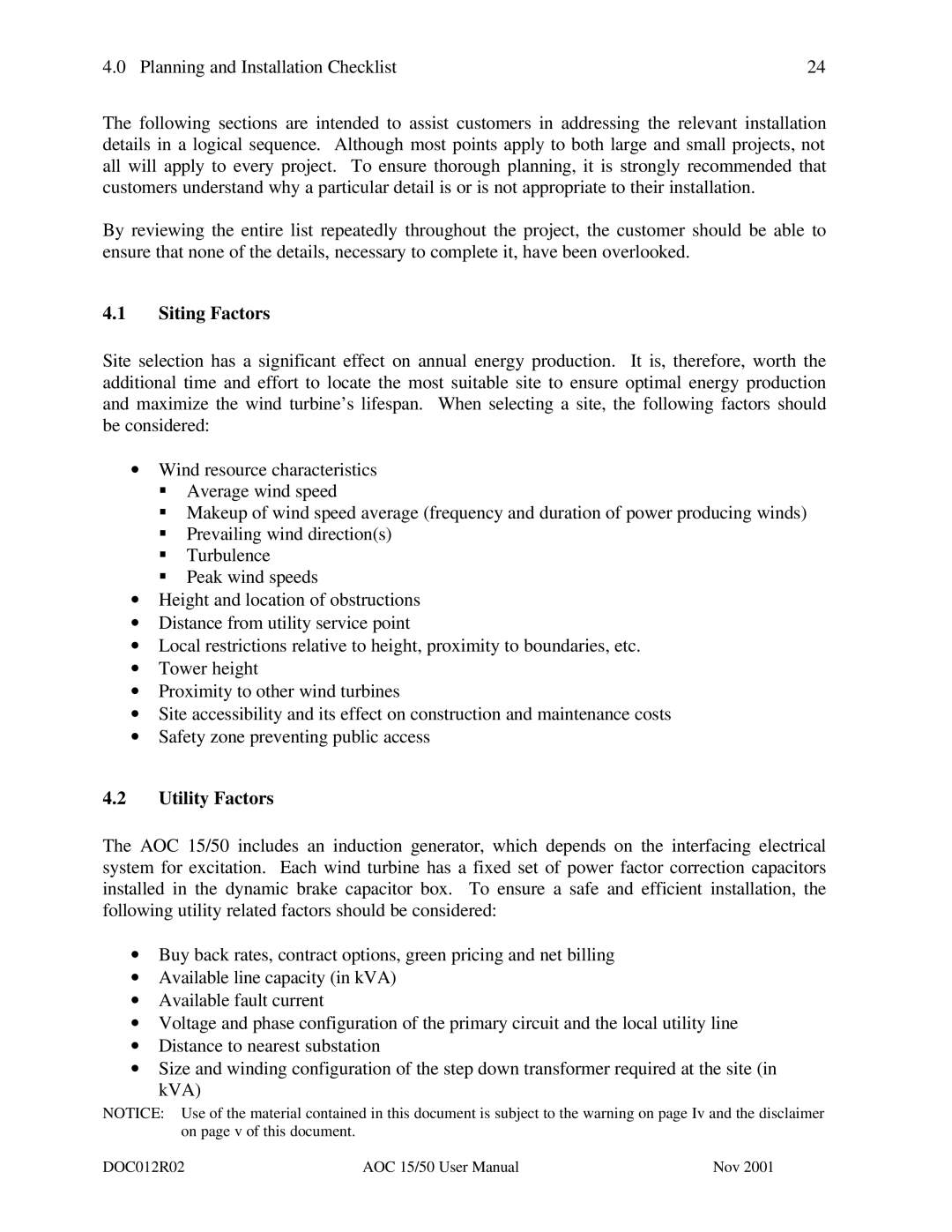 AOC 15 user manual Siting Factors, Utility Factors 