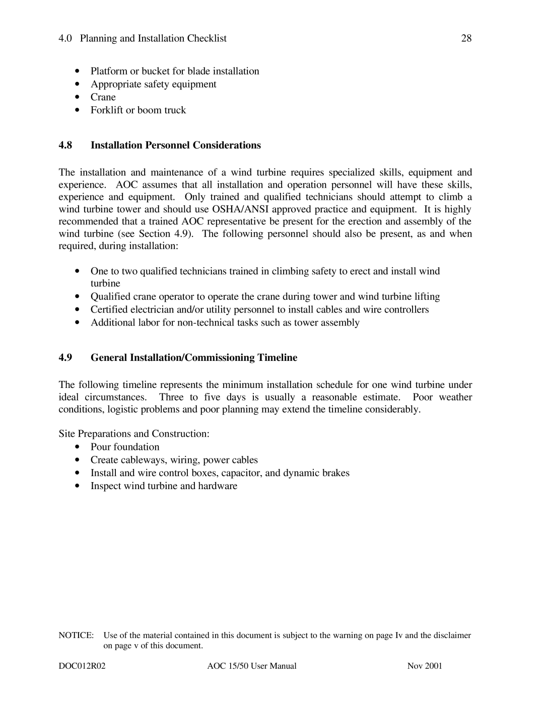 AOC 15 user manual Installation Personnel Considerations, General Installation/Commissioning Timeline 