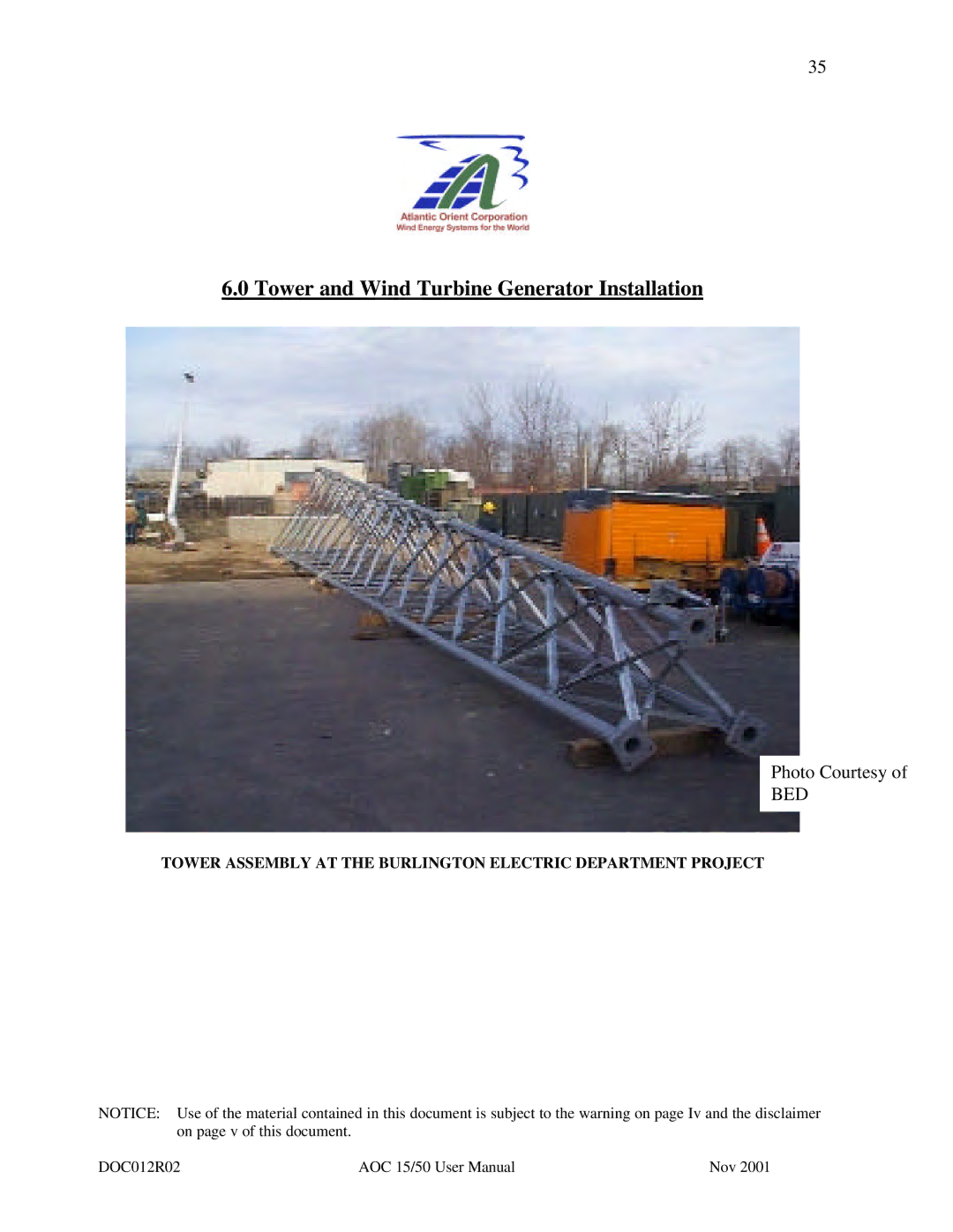 AOC 15 user manual Tower Assembly AT the Burlington Electric Department Project 