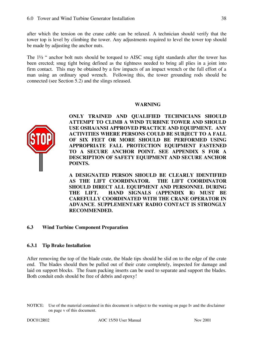 AOC 15 user manual Wind Turbine Component Preparation Tip Brake Installation 