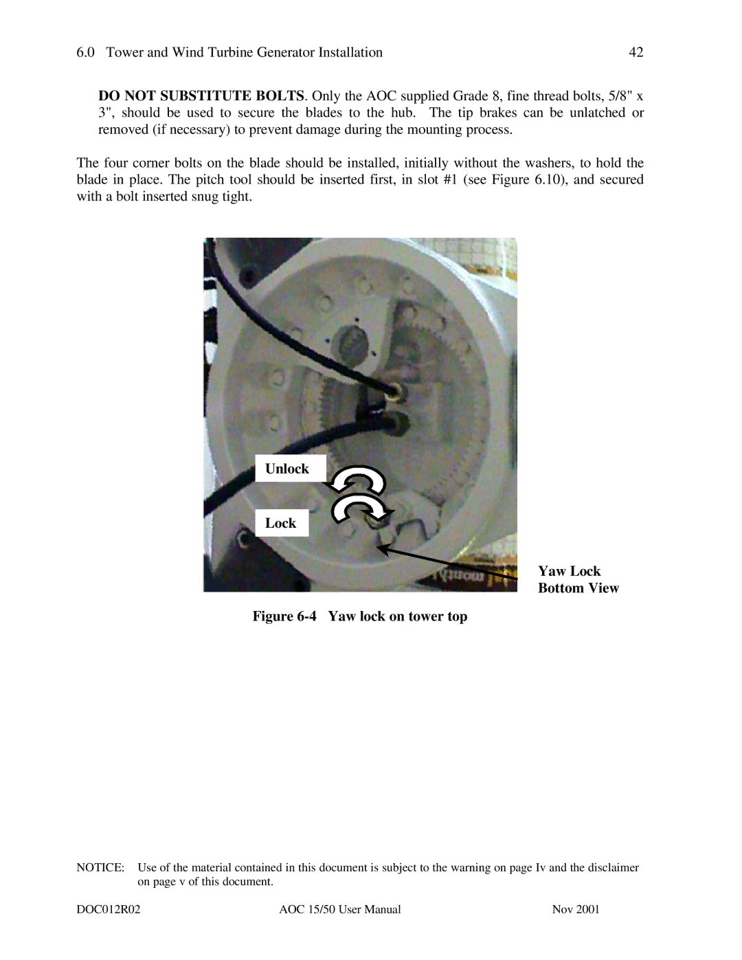 AOC 15 user manual Unlock Lock Yaw Lock Bottom View, Yaw lock on tower top 