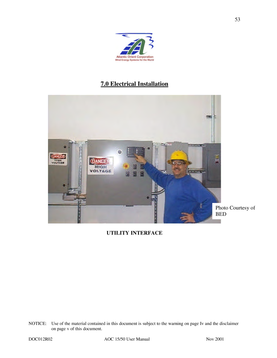 AOC 15 user manual Electrical Installation, Utility Interface 