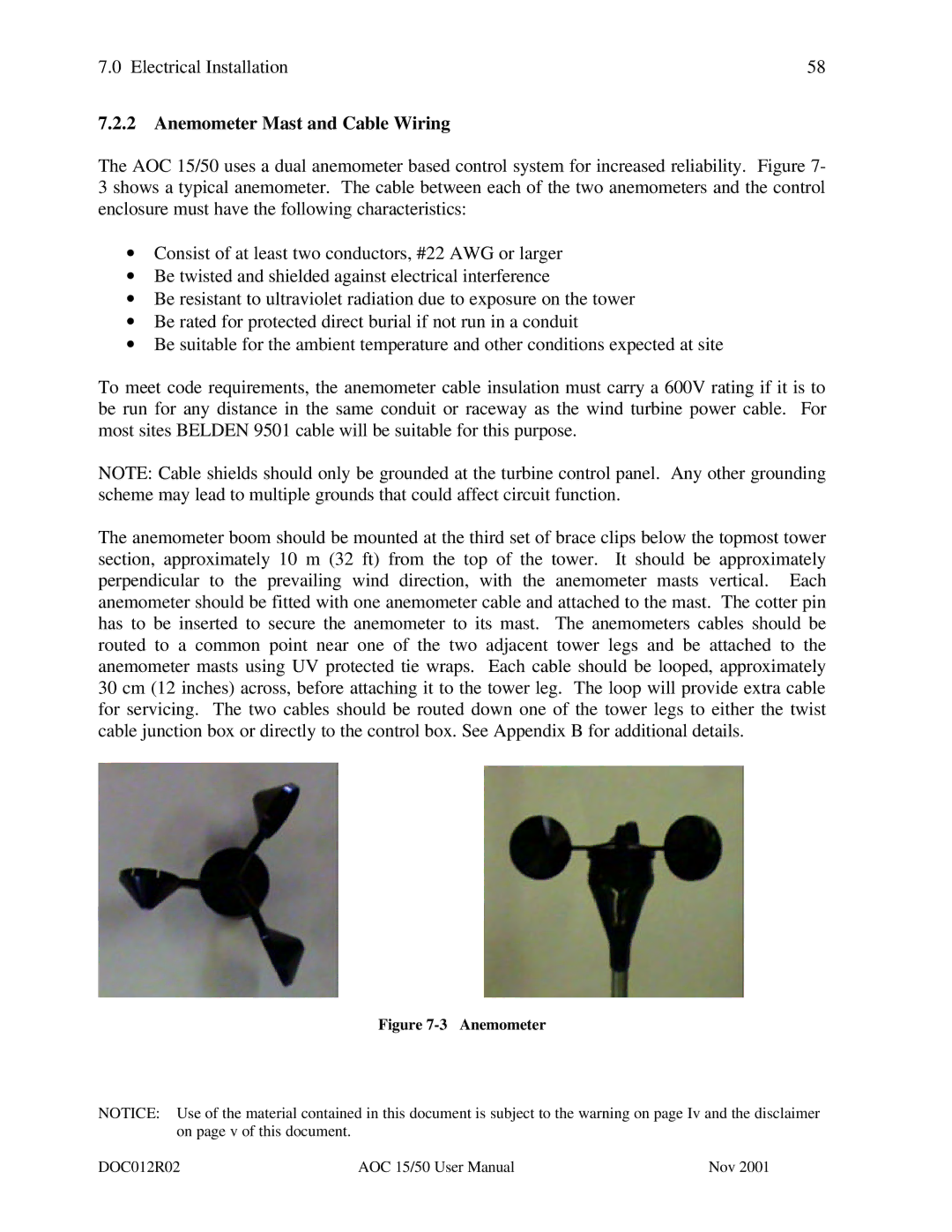 AOC 15 user manual Anemometer Mast and Cable Wiring 