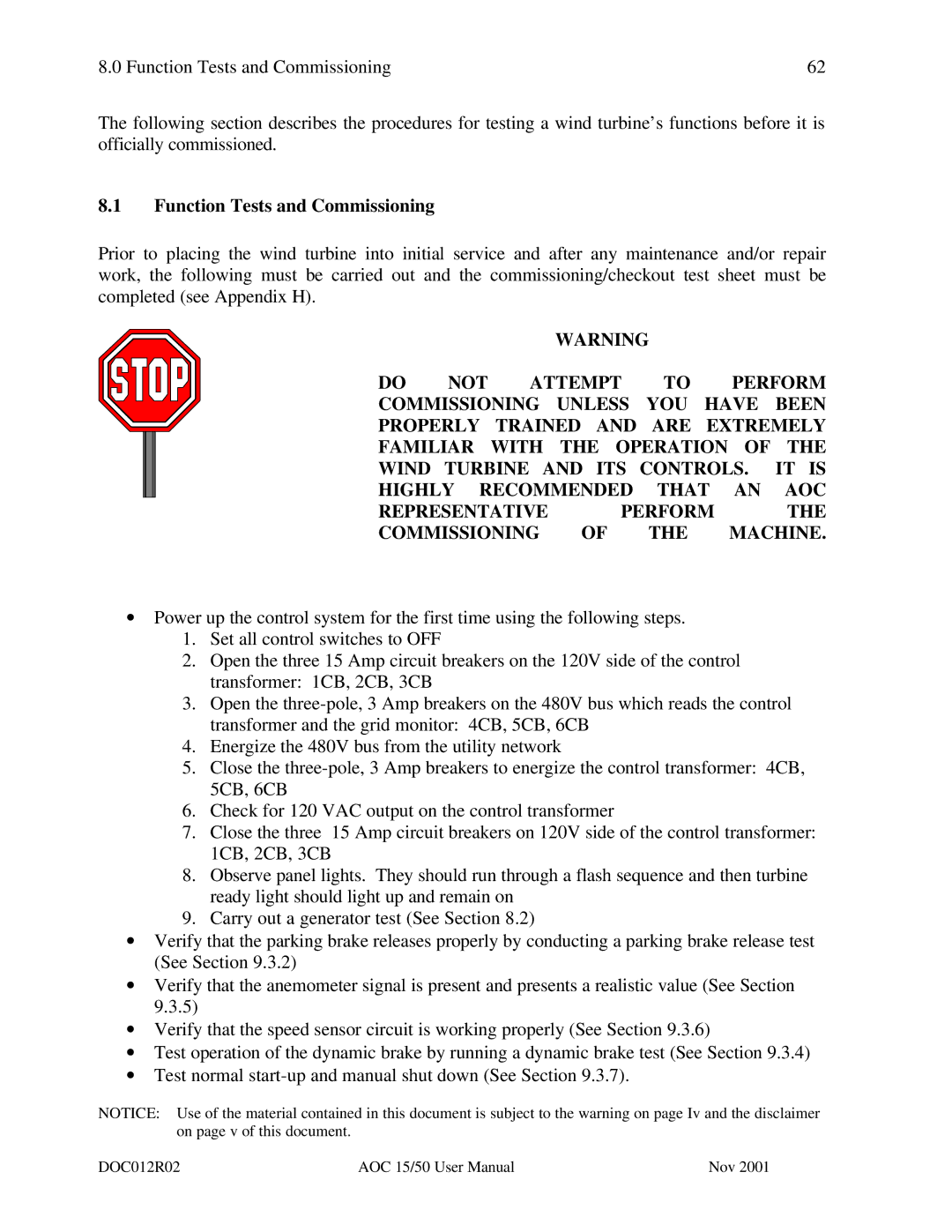 AOC 15 user manual Function Tests and Commissioning 