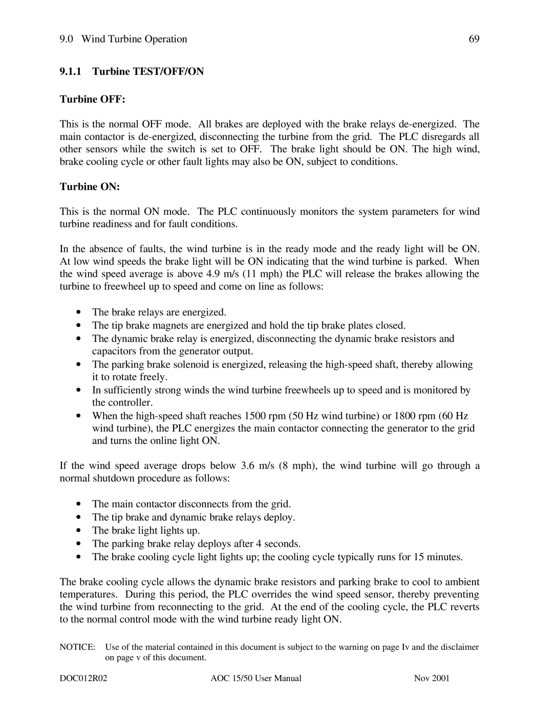 AOC 15 user manual Turbine TEST/OFF/ON Turbine OFF, Turbine on 