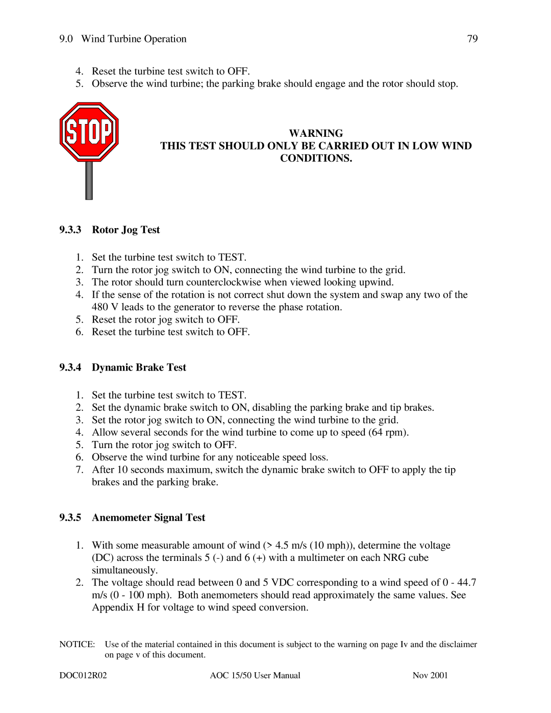 AOC 15 user manual Rotor Jog Test, Dynamic Brake Test, Anemometer Signal Test 