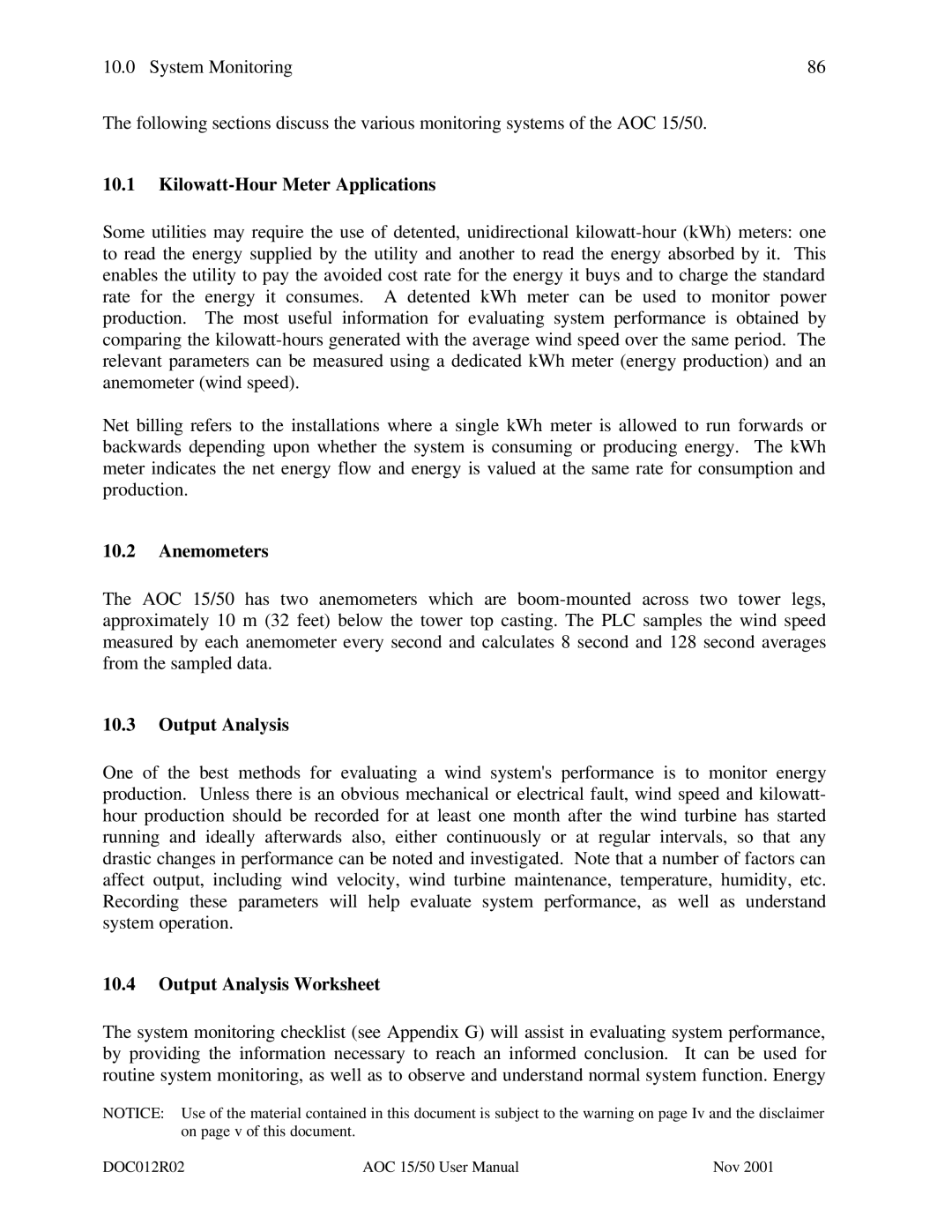 AOC 15 user manual Kilowatt-Hour Meter Applications, Anemometers, Output Analysis Worksheet 