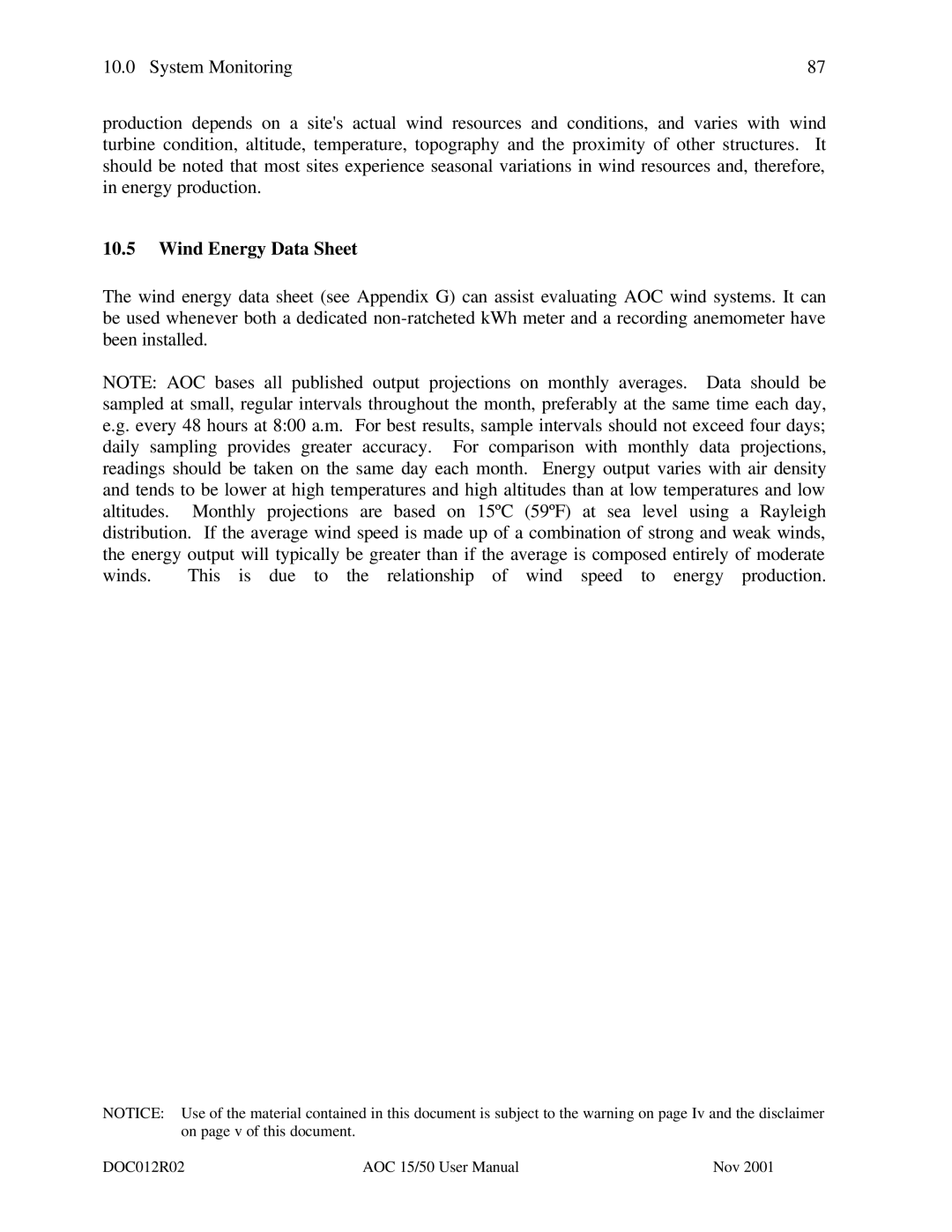 AOC 15 user manual Wind Energy Data Sheet 