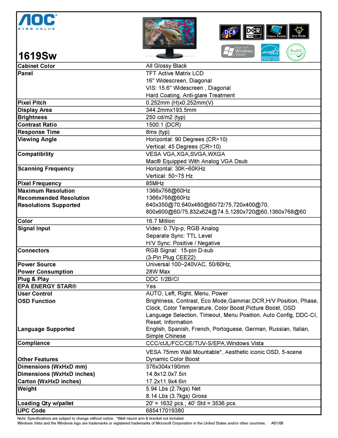 AOC 1619Sw dimensions Vesa VGA,XGA,SVGA,WXGA, DDC 1/2B/CI, Ddc 