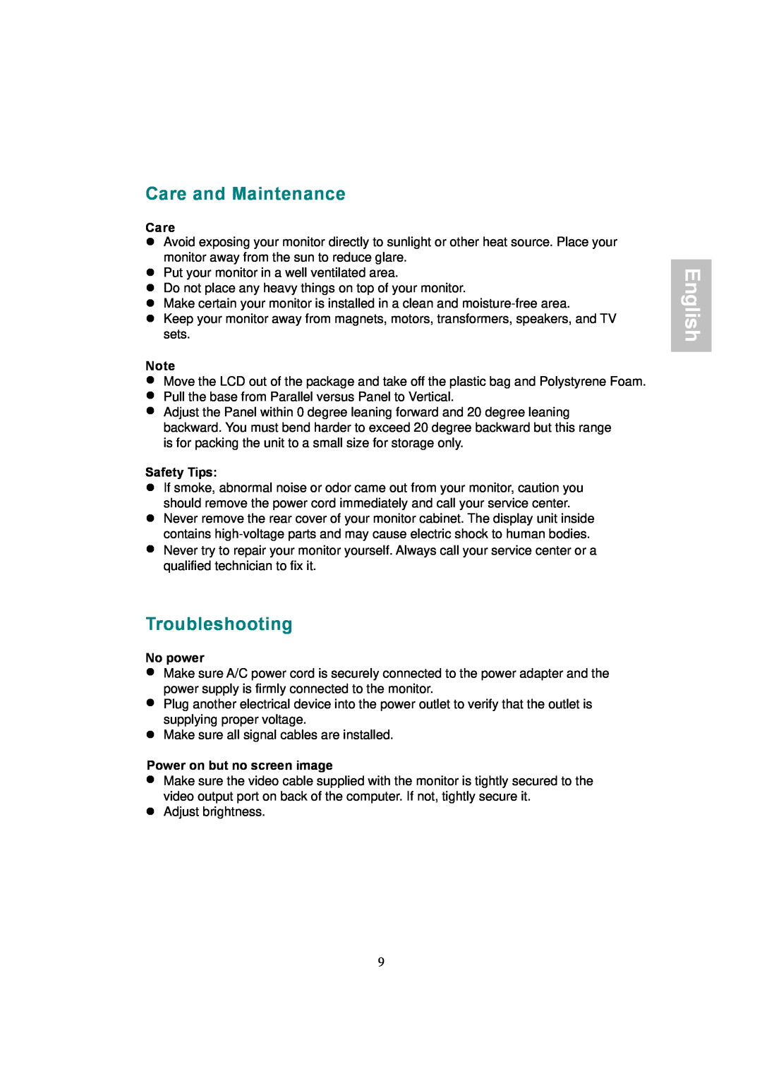 AOC 177S manual Care and Maintenance, Troubleshooting, English, Safety Tips, No power, Power on but no screen image 