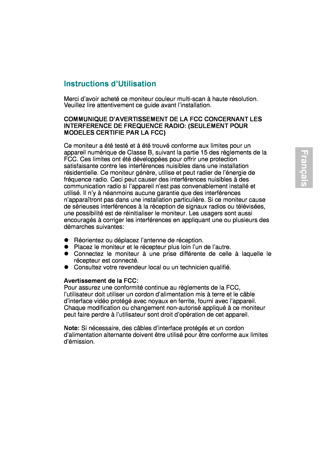 AOC 177S manual Français, Instructions d’Utilisation, Avertissement de la FCC 
