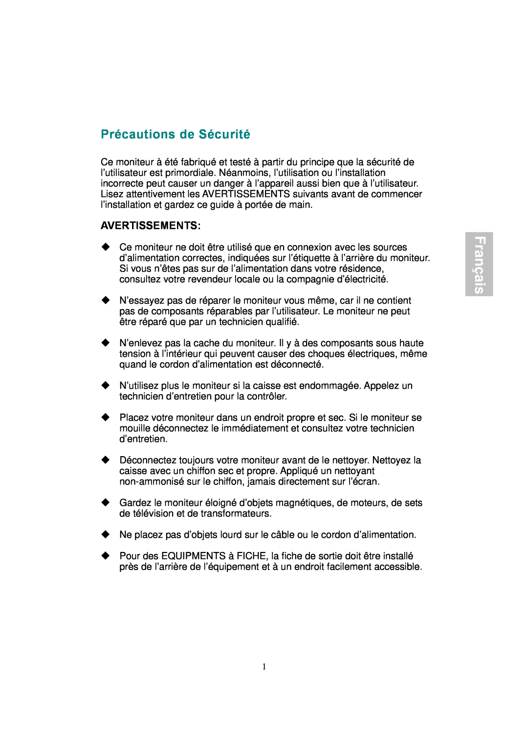 AOC 177S manual Précautions de Sécurité, Avertissements, Français 