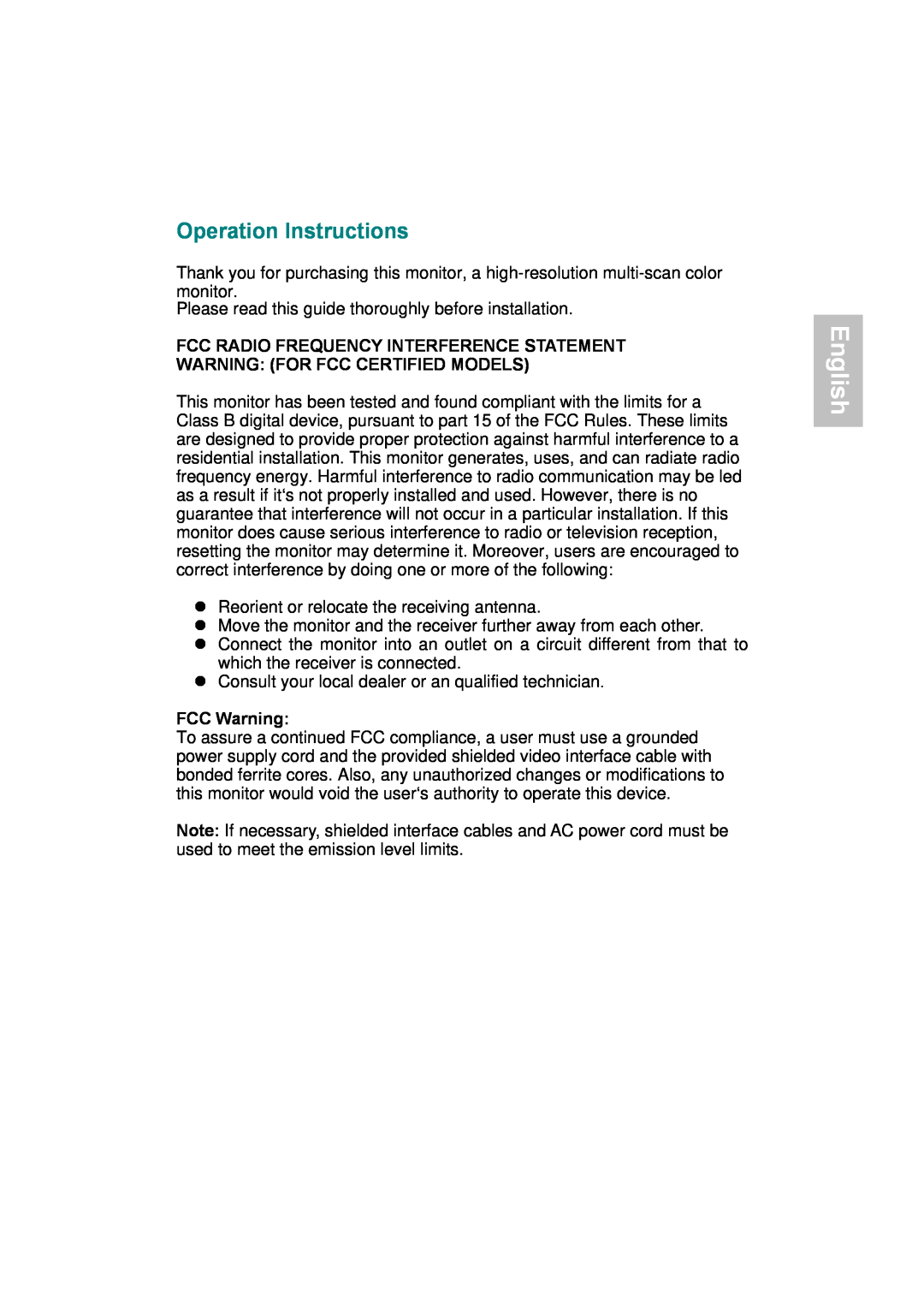 AOC 177S manual English, Operation Instructions, FCC Warning 