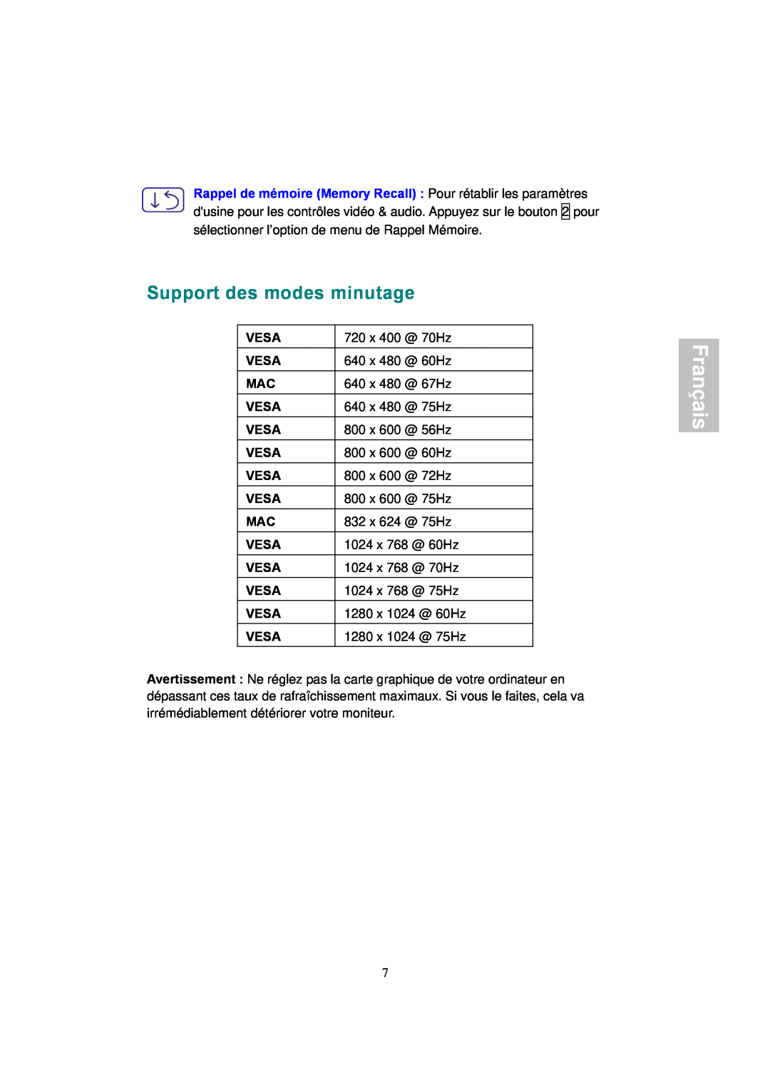 AOC 177S manual Support des modes minutage, Français 