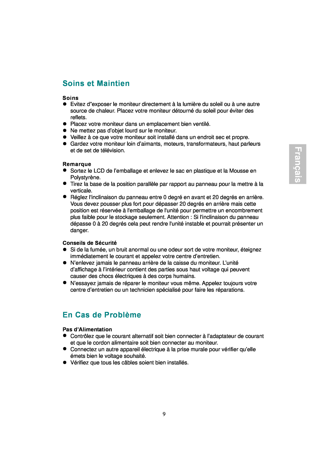 AOC 177S manual Soins et Maintien, En Cas de Problème, Français, Remarque, Conseils de Sécurité, Pas d’Alimentation 