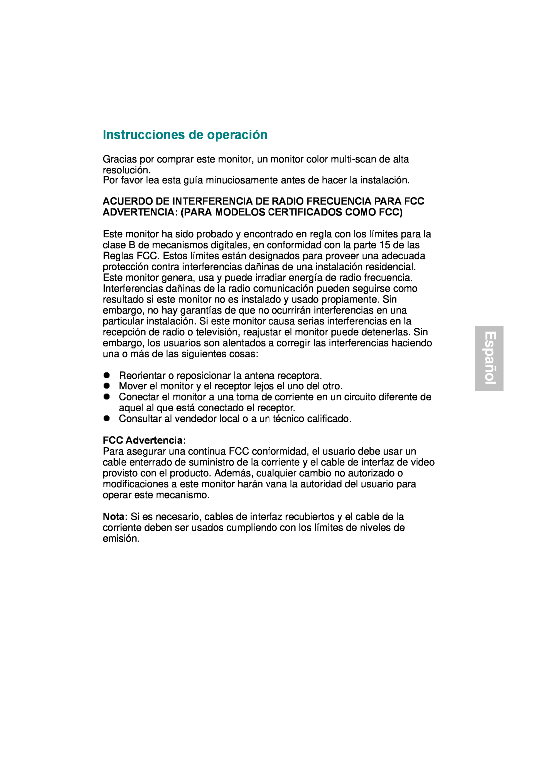 AOC 177S manual Español, Instrucciones de operación, FCC Advertencia 